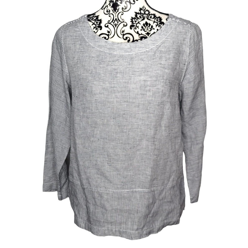Tahari 100% Linen Striped 3/4 Sleeve Top Size S Gray